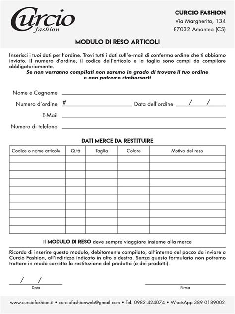 Modulo di reso esempio