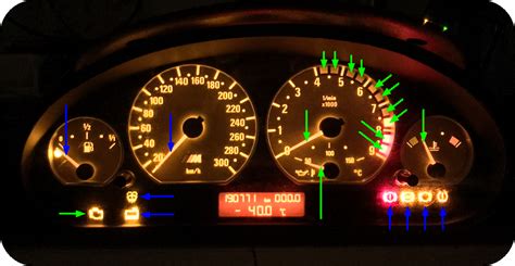 BMW E46 dashboard with warning lights