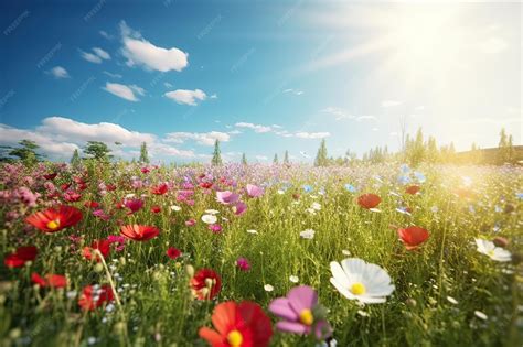 Campo fiorito in primavera con bambini che giocano