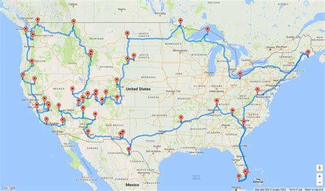 Mappa degli Stati Uniti con l'itinerario del viaggio on the road evidenziato
