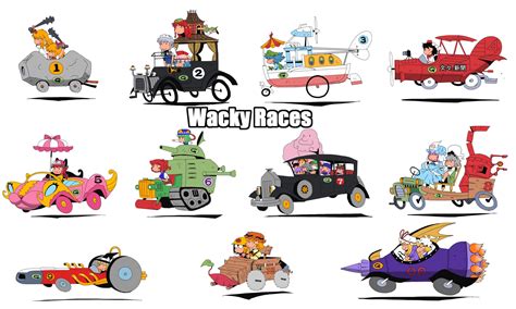 Illustrazione dei personaggi principali di Wacky Races con le loro auto