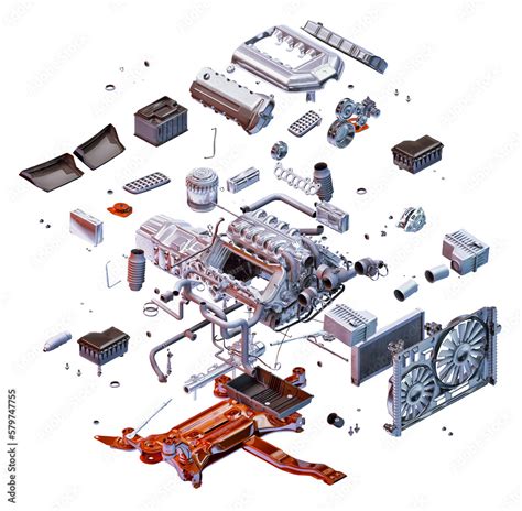 Exploded view of car engine diagram