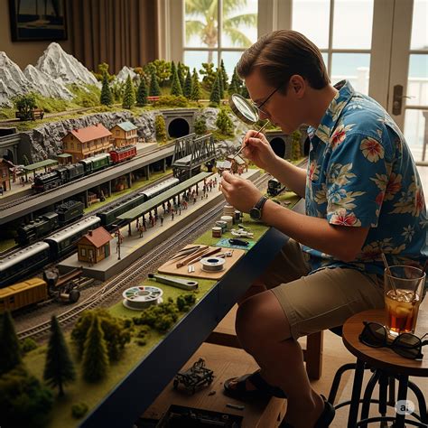Modellista che lavora su un ponte ferroviario in miniatura