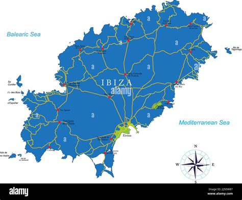 Mappa dell'isola di Ibiza con evidenziate le principali strade e località