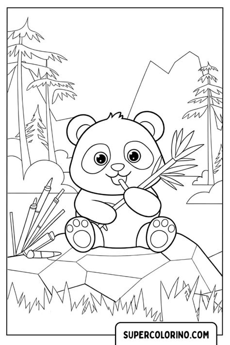 Un disegno di un panda seduto su una roccia a mangiare bambù