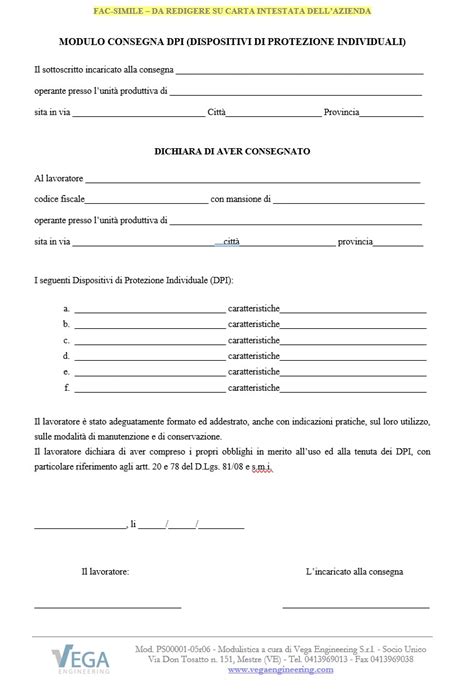 Esempio di modulo di consegna DPI