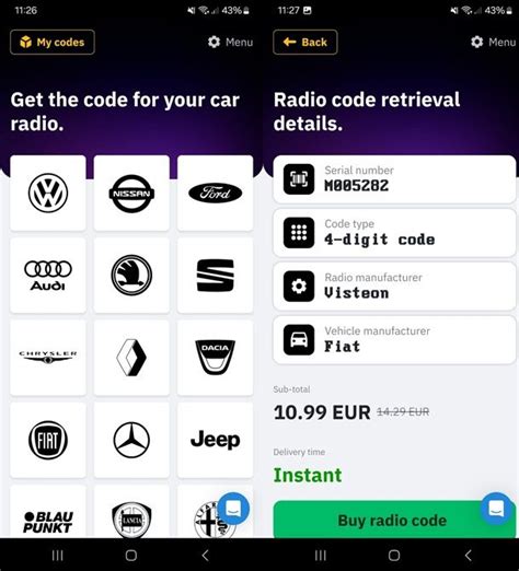 Schermata di un'app per il recupero codice autoradio