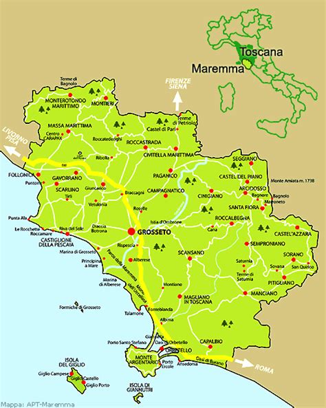 Mappa della Maremma Toscana con i principali collegamenti stradali da Porto Santo Stefano