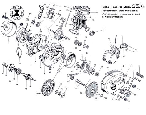 Diagramma esploso di un motore Vespa largeframe con enfasi sul paraolio lato frizione