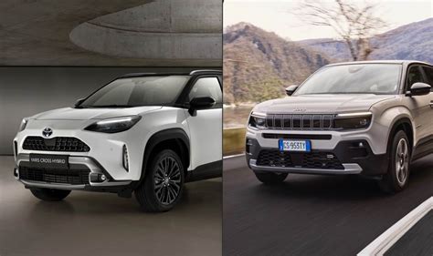 Illustrazione che mostra la diversità stilistica tra una Jeep Avenger e una Toyota Yaris Cross, enfatizzando i design urbani e robusti.
