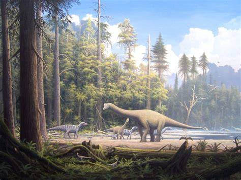 Ricostruzione artistica di un ecosistema del Mesozoico con flora e fauna dettagliate