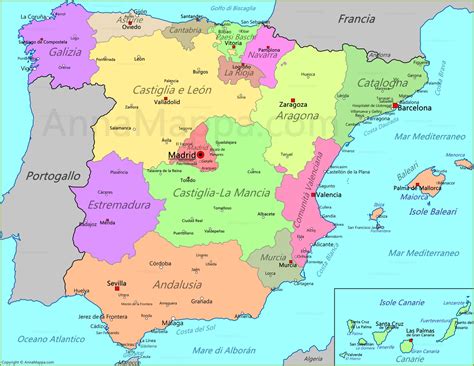 Mappa della Spagna con indicazione di Barcellona e Jerez de la Frontera