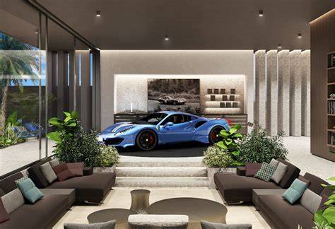 Interno di un resort di lusso con auto d'epoca esposte