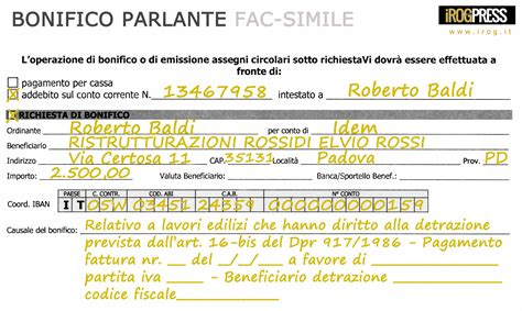 Esempio di compilazione di una causale di bonifico parlante per Ecobonus