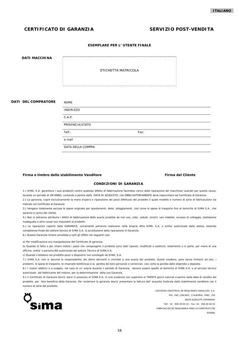 Certificato di garanzia per ricambi auto
