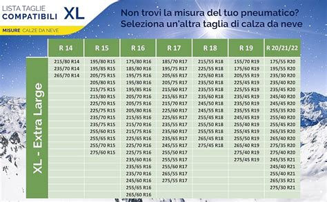 Tabella di compatibilità catene da neve per dimensioni pneumatici