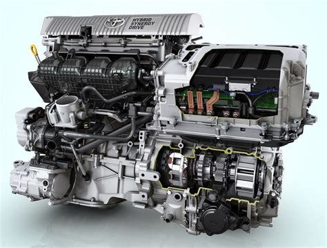 schema del sistema ibrido Toyota Hybrid Synergy Drive che illustra il motore a benzina, il motore elettrico e la batteria