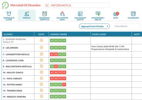 Schermata di un registro elettronico scolastico