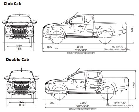Schematiche delle dimensioni del Mitsubishi L200 Club Cab e Double Cab